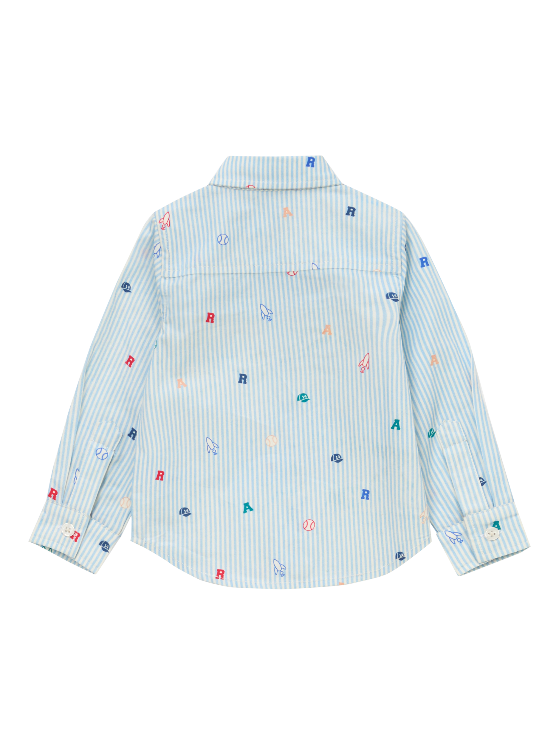 Product image 4 of 5, which shows Angel & Rocket Baby Baseball Stripe Shirt, Blue, 3-6 months