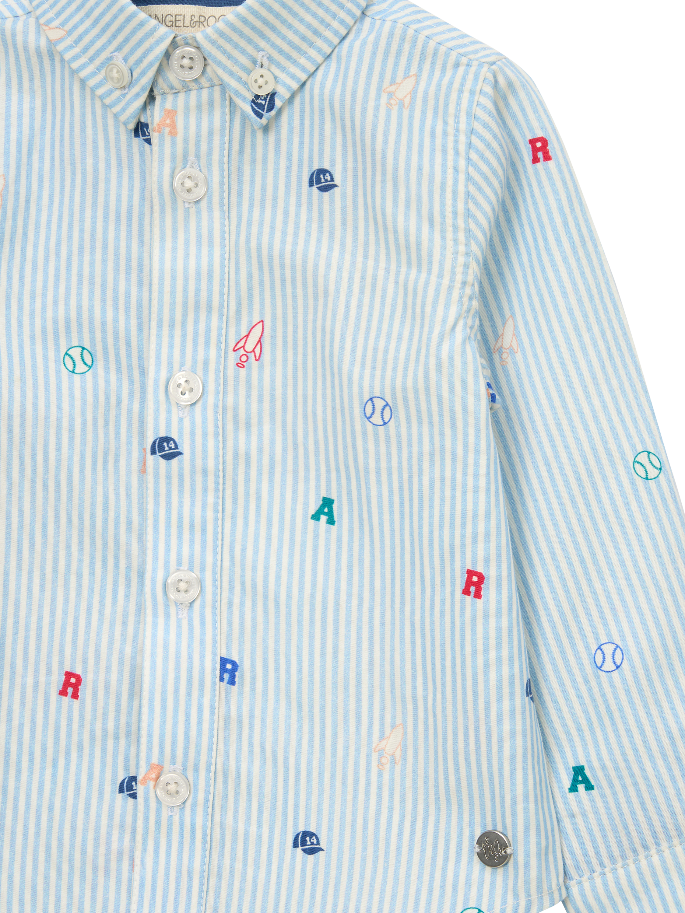 Product image 5 of 5, which shows Angel & Rocket Baby Baseball Stripe Shirt, Blue, 3-6 months