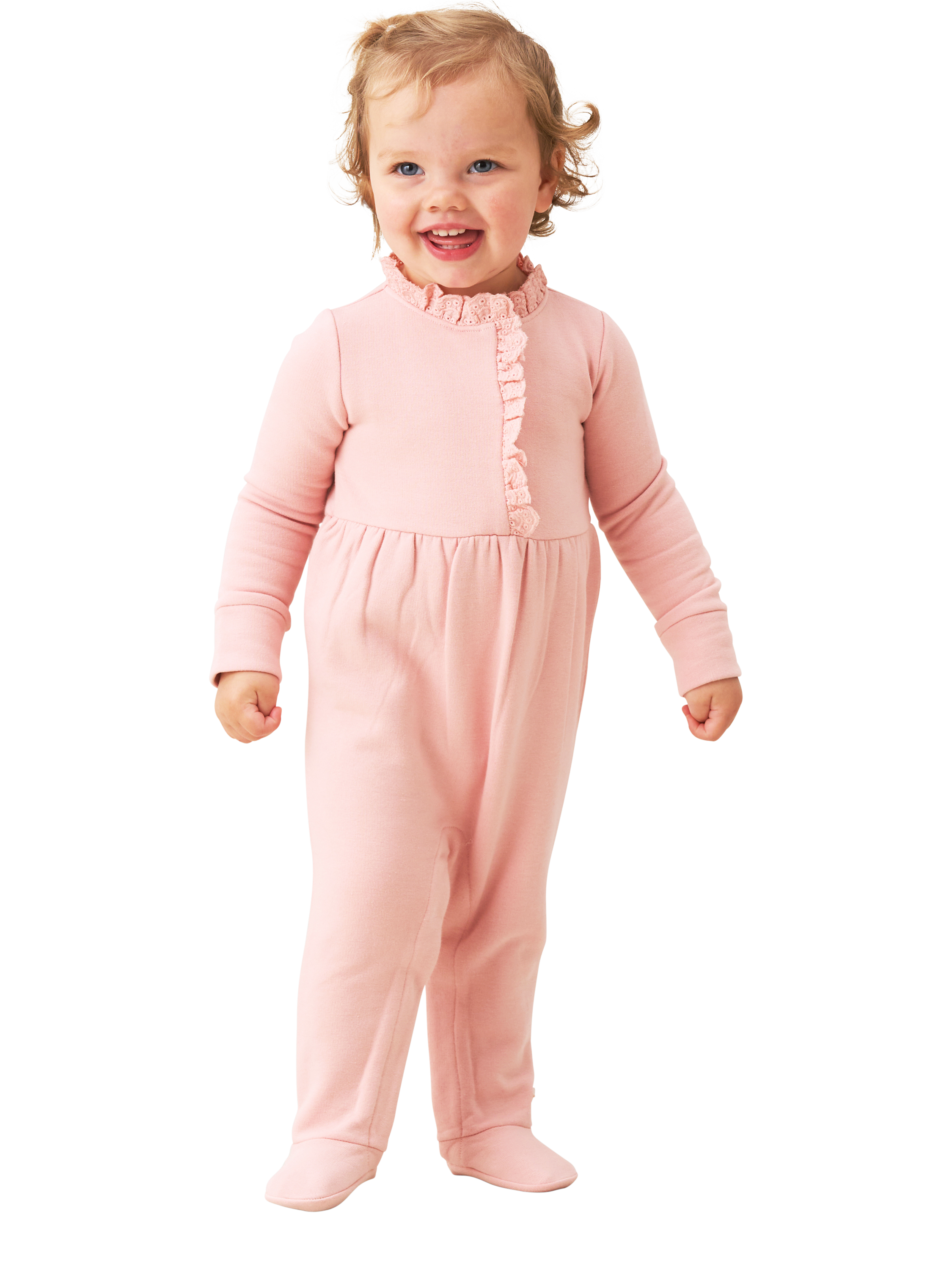 Product image 1 of 6, which shows Angel & Rocket Baby's Cotton Blend Broderie Trim Onesie, Pink, 0-3 months