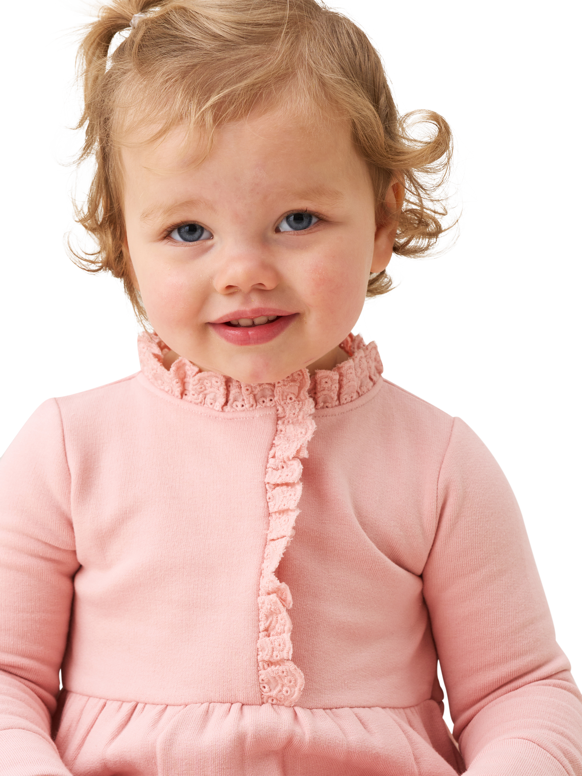 Product image 2 of 6, which shows Angel & Rocket Baby's Cotton Blend Broderie Trim Onesie, Pink, 0-3 months
