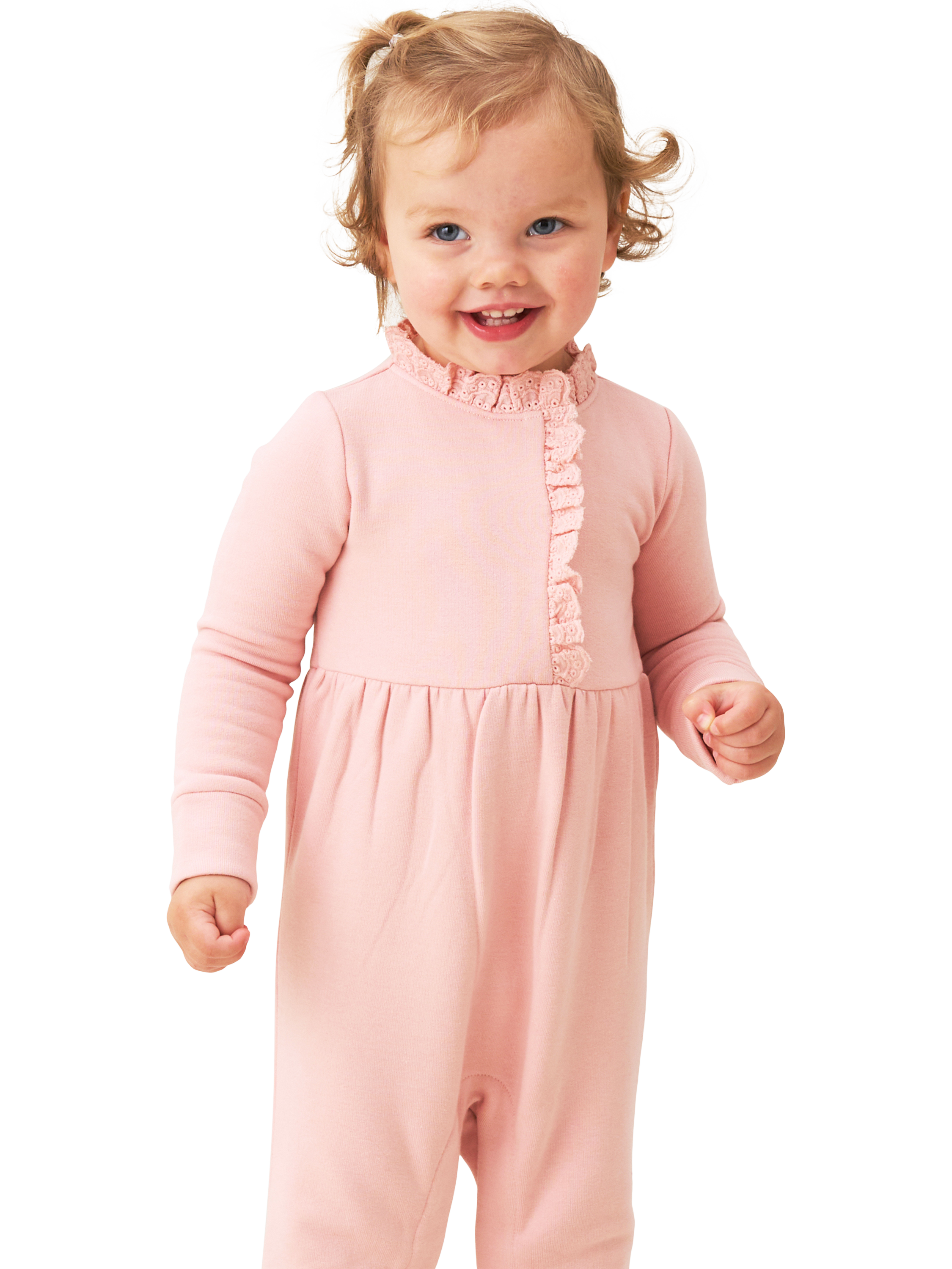 Product image 3 of 6, which shows Angel & Rocket Baby's Cotton Blend Broderie Trim Onesie, Pink, 0-3 months