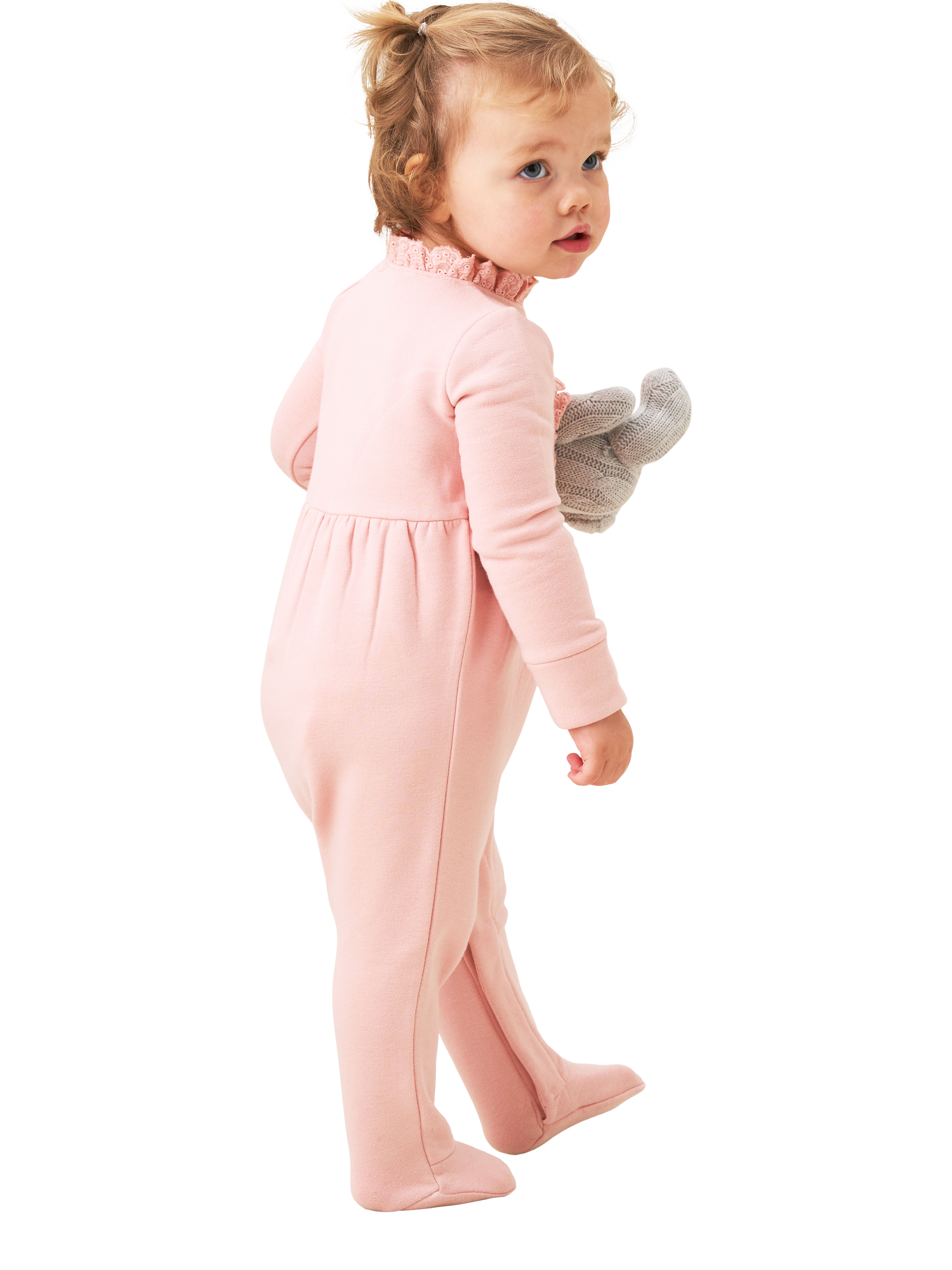Product image 4 of 6, which shows Angel & Rocket Baby's Cotton Blend Broderie Trim Onesie, Pink, 0-3 months