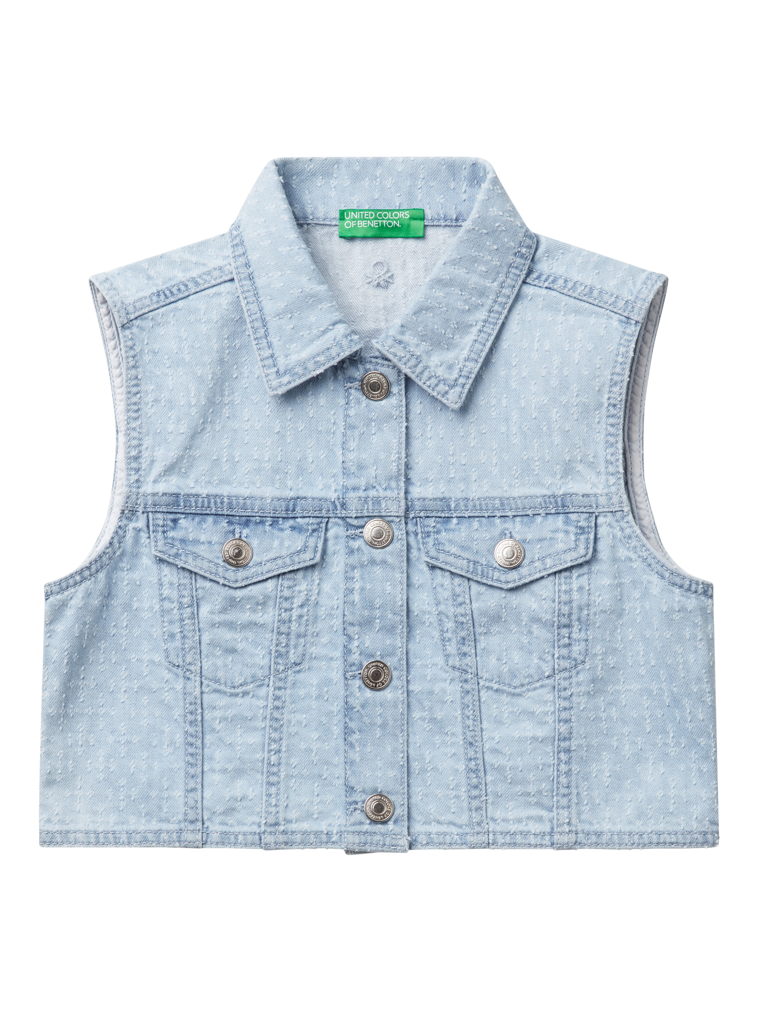Product image 1 of 3, which shows Benetton Kids' Denim Waistcoat, Light Blue Denim, 10-11 years