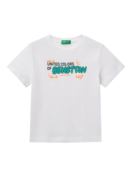 Benetton Printed Cotton T-Shirt, Optical White, Optical White