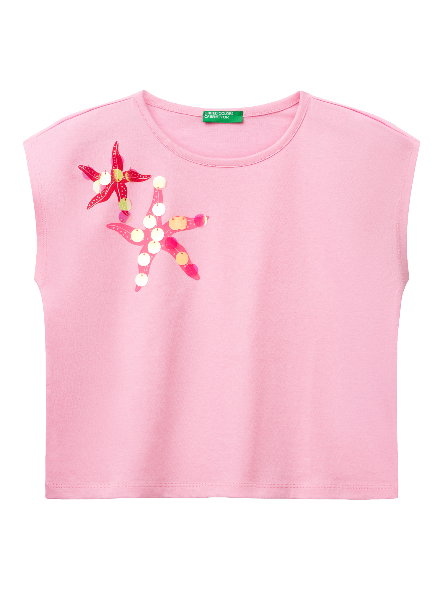 Product image 1 of 3, which shows Benetton Kids' Starfish Sequin Embroidered Sleeveless T-Shirt, Pink, 6-7 years