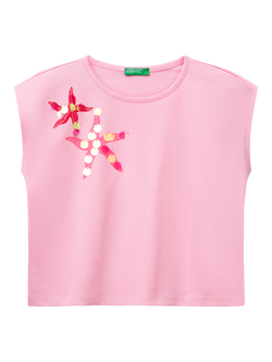 Benetton Kids' Starfish Sequin Embroidered Sleeveless T-Shirt, Pink