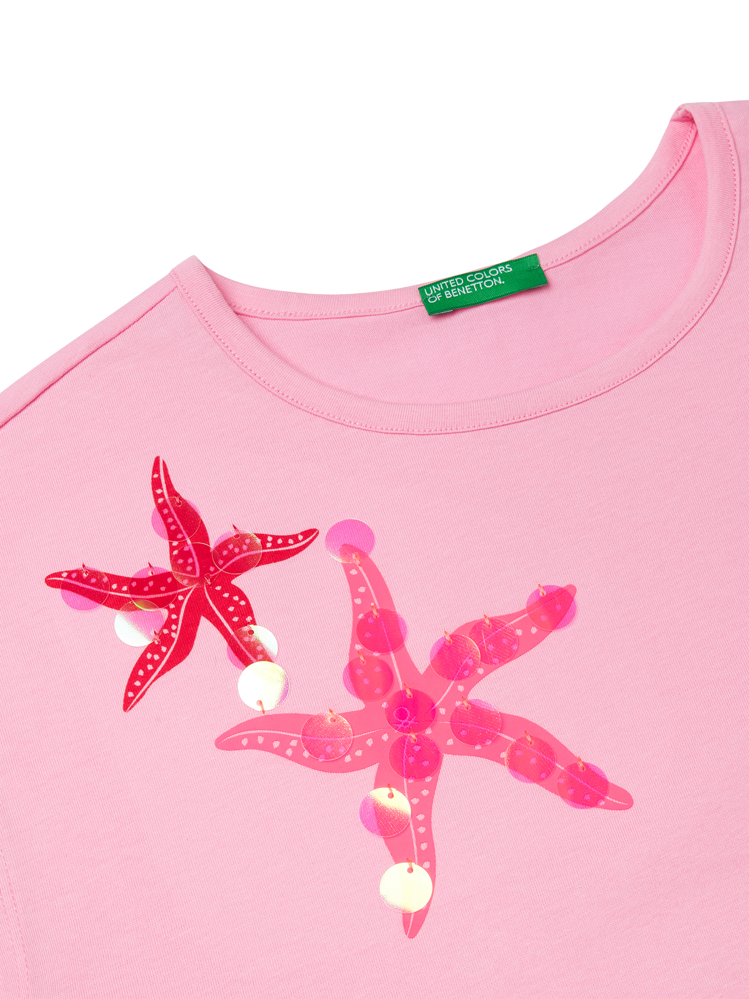Product image 3 of 3, which shows Benetton Kids' Starfish Sequin Embroidered Sleeveless T-Shirt, Pink, 6-7 years