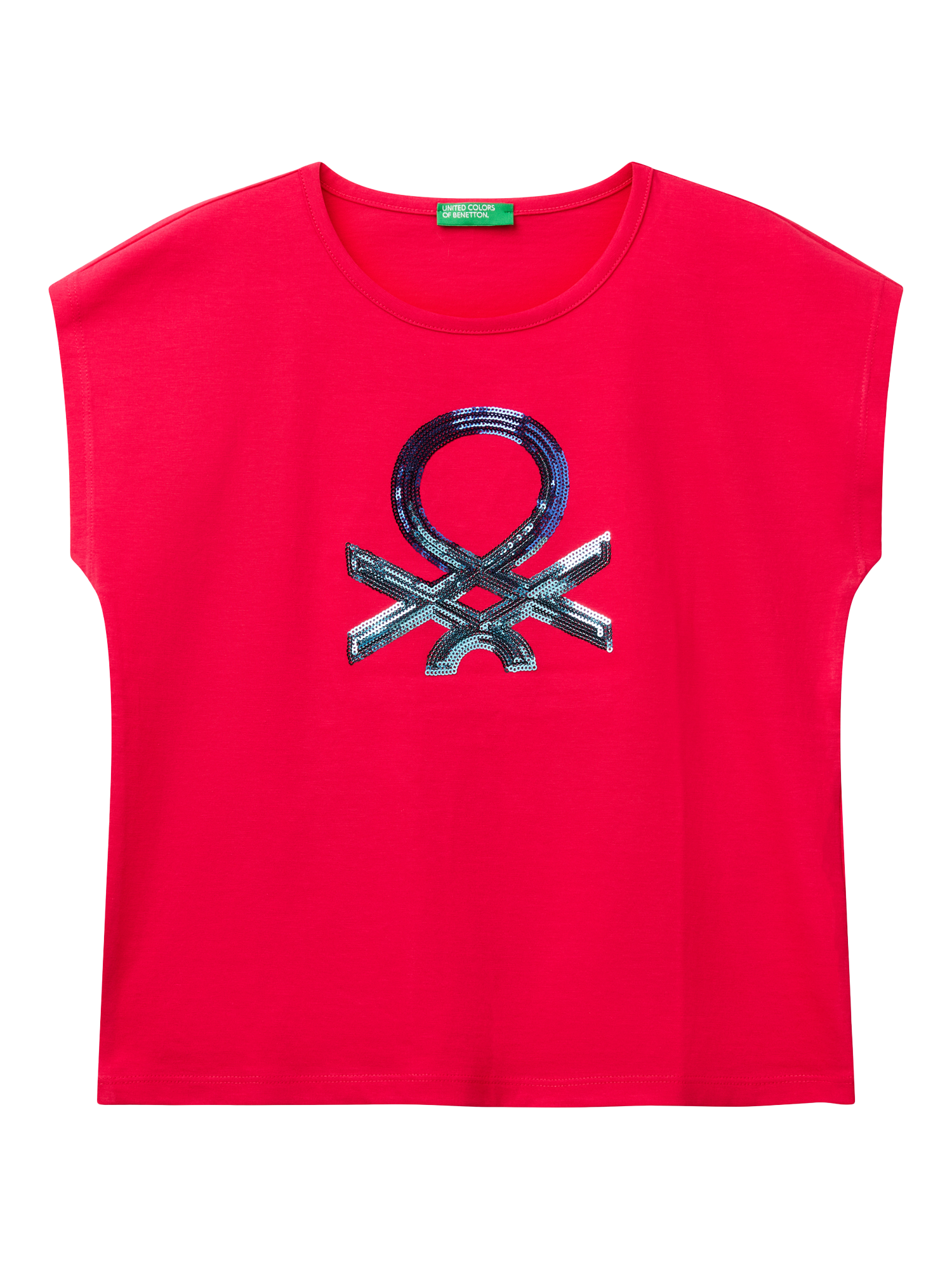 Product image 1 of 3, which shows Benetton Kids' Sequin Embroidered Sleeveless T-Shirt, Fuchsia, 6-7 years
