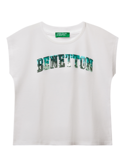 Benetton Kids' Shaded Sequin Emrboidery Sleeveless T-Shirt, Optical White, Optical White