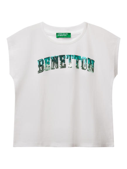 Benetton Kids' Shaded Sequin Emrboidery Sleeveless T-Shirt, Optical White, Optical White