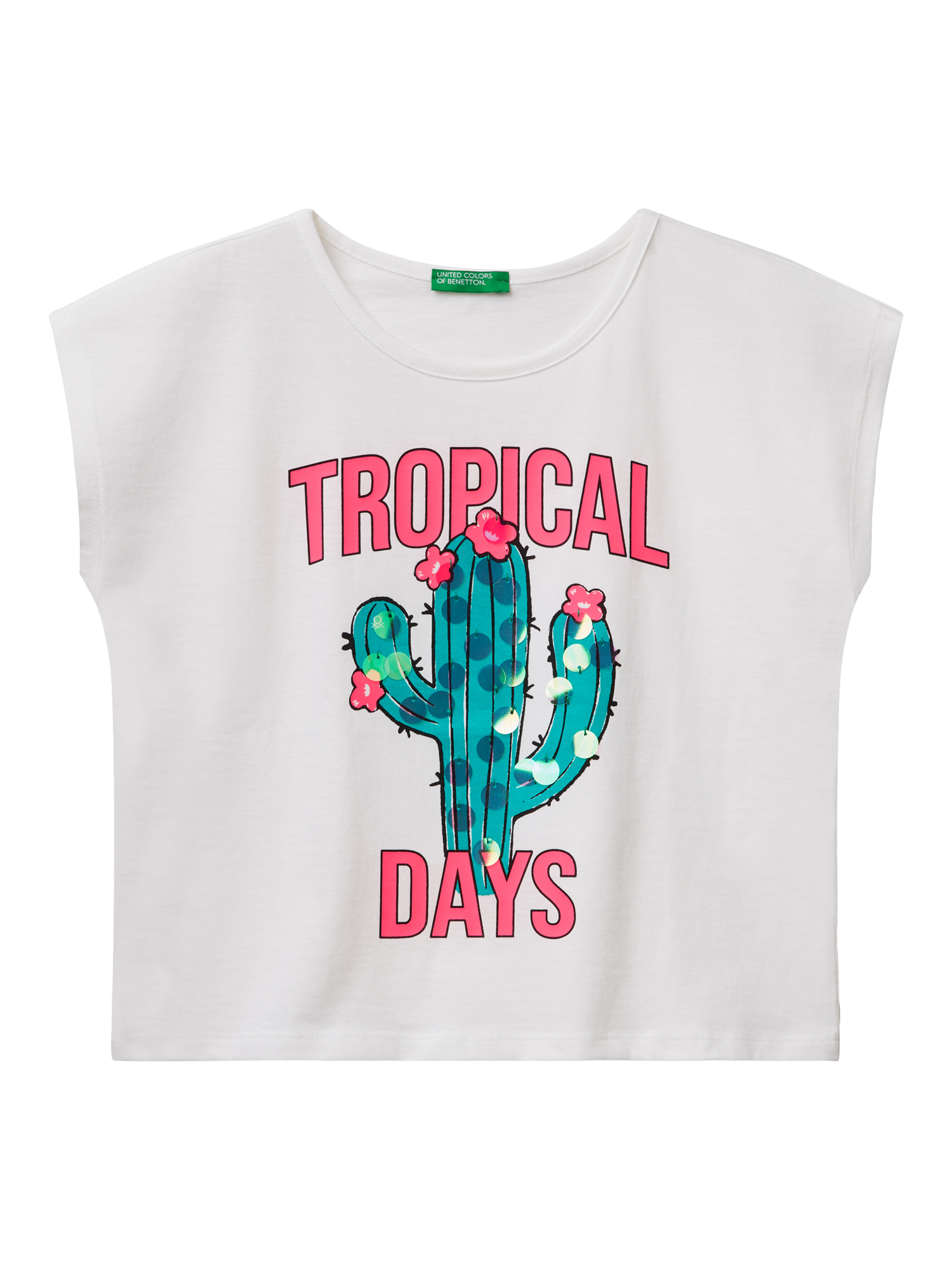 Product image 1 of 3, which shows Benetton Kids' Tropical Days Sleeveless T-Shirt, Optical White, 6-7 years