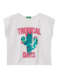 Benetton Kids' Tropical Days Sleeveless T-Shirt, Optical White, Optical White