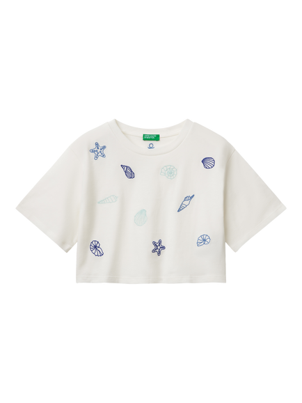 Benetton Kids' Shells Boxy T-Shirt, Offwhite