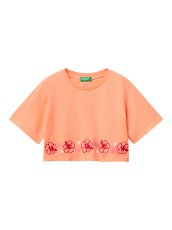 Benetton Kids' Flower Boxy T-Shirt, Peach, Peach