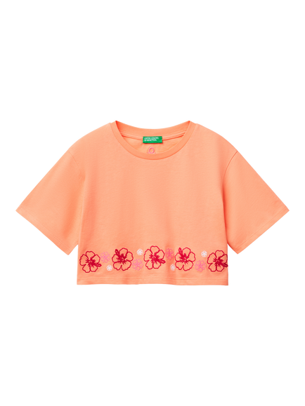 Benetton Kids' Flower Boxy T-Shirt, Peach, Peach