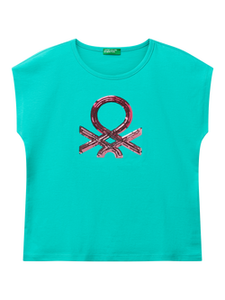 Benetton Kids' Sequin Embroidered Sleeveless T-Shirt, Teal Green, Teal Green