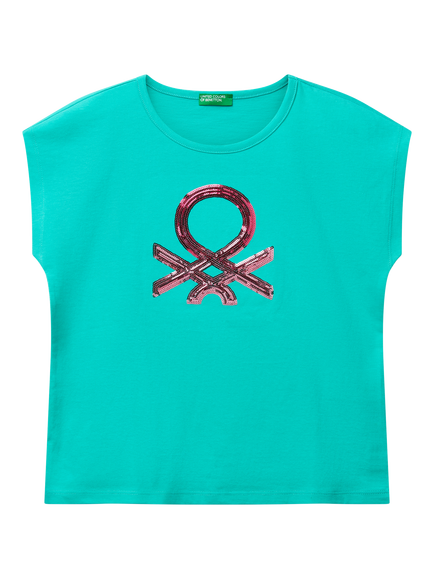 Benetton Kids' Sequin Embroidered Sleeveless T-Shirt, Teal Green, Teal Green