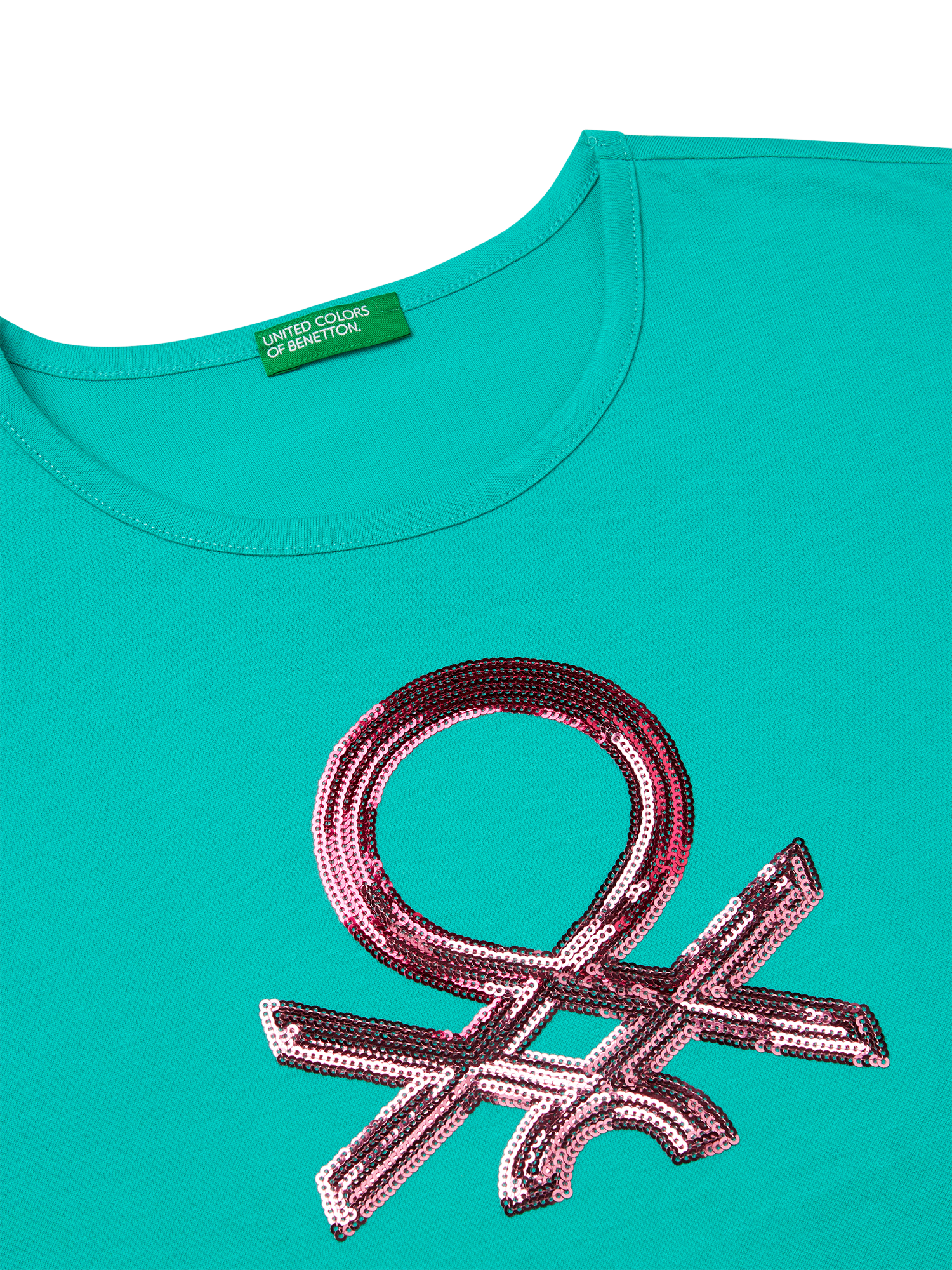 Product image 3 of 3, which shows Benetton Kids' Sequin Embroidered Sleeveless T-Shirt, Teal Green, 6-7 years