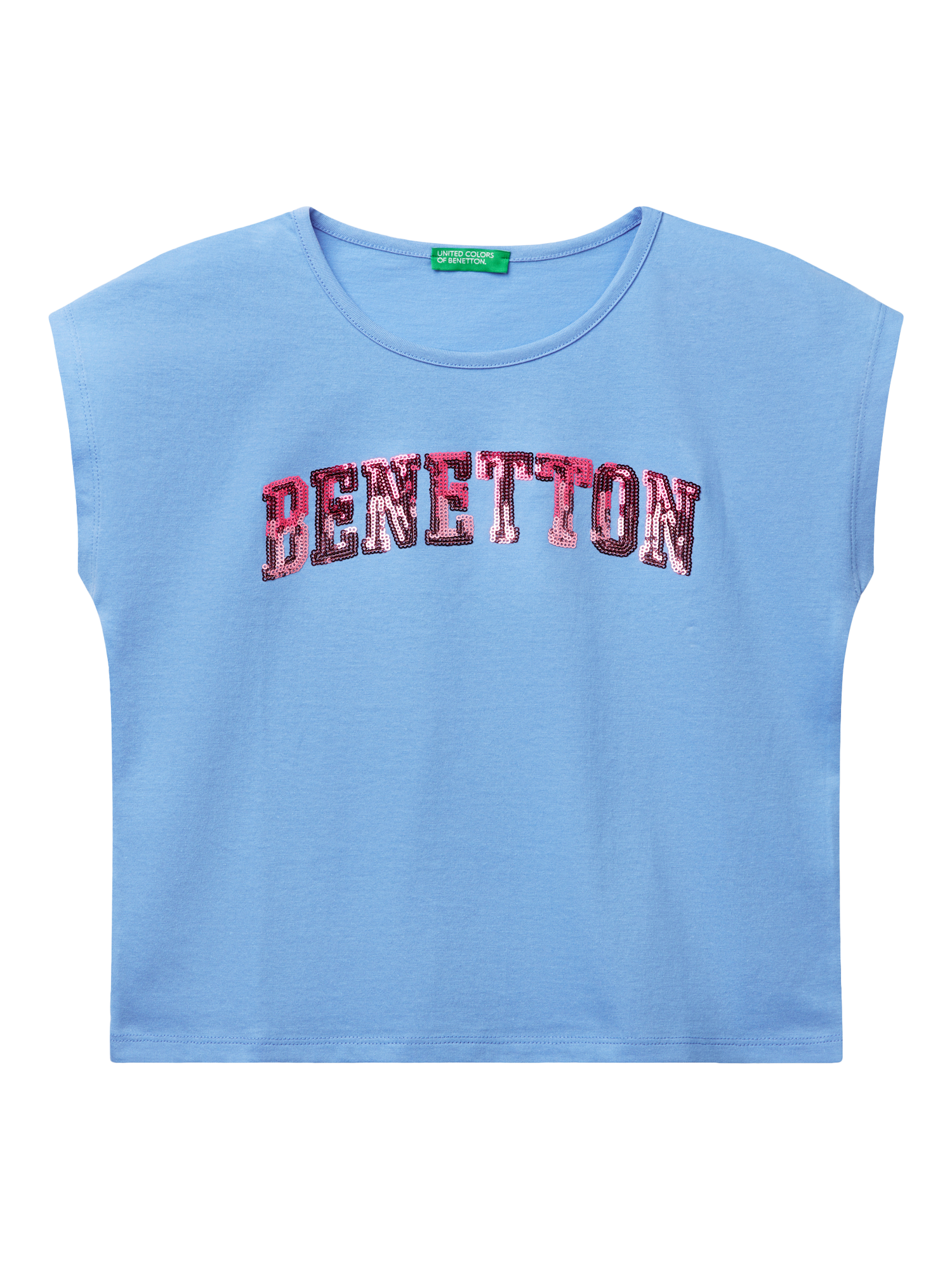 Product image 1 of 3, which shows Benetton Kids' Shaded Sequin Embroidered Sleeveless T-Shirt, Periwinkle, 6-7 years
