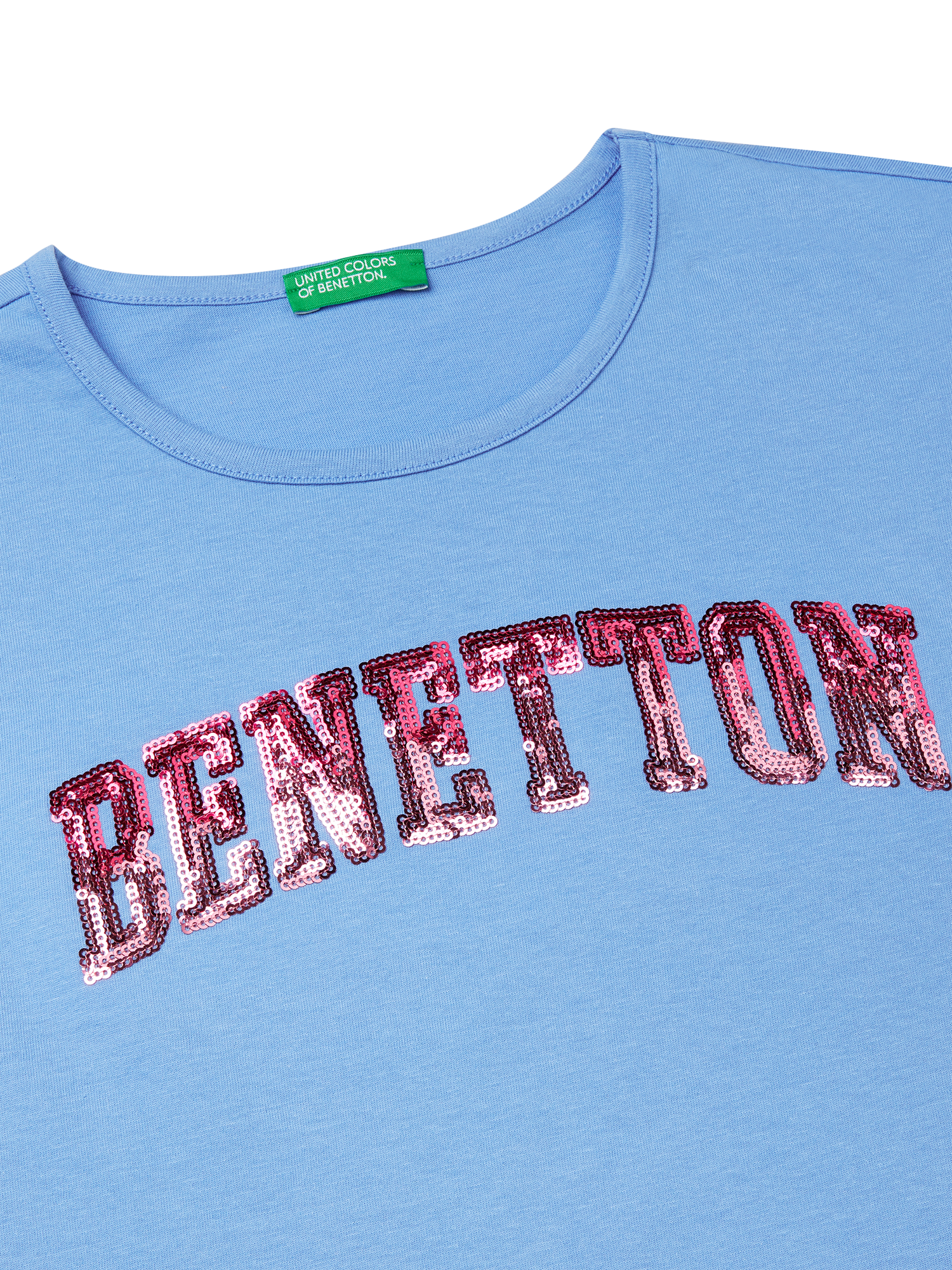 Product image 3 of 3, which shows Benetton Kids' Shaded Sequin Embroidered Sleeveless T-Shirt, Periwinkle, 6-7 years