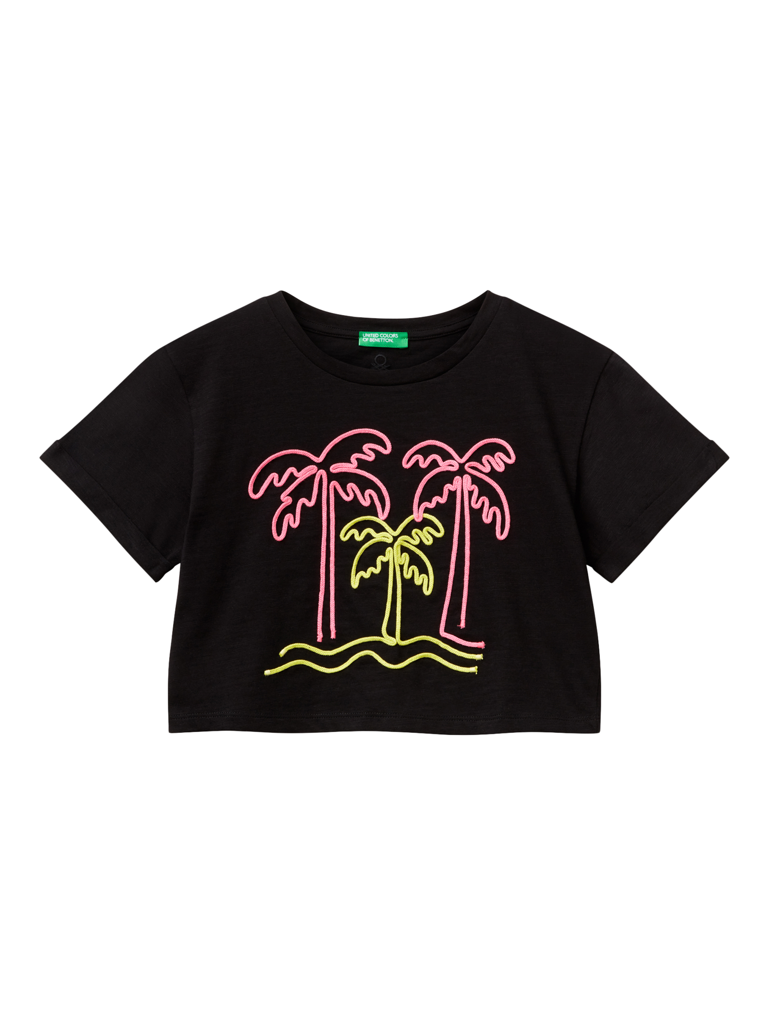 Product image 1 of 3, which shows Benetton Kids' Graphic Print Boxy T-Shirt, Black, 6-7 years