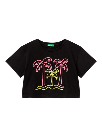 Benetton Kids' Graphic Print Boxy T-Shirt, Black