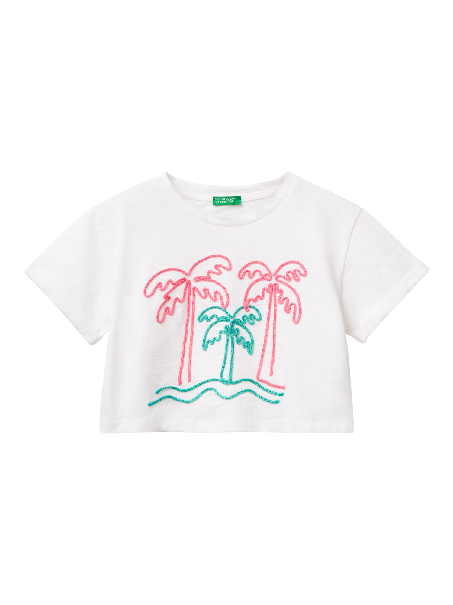 Product image 1 of 3, which shows Benetton Kids' Graphic Print Boxy T-Shirt, Optical White, 6-7 years
