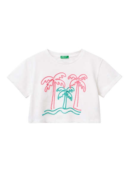 Benetton Kids' Graphic Print Boxy T-Shirt, Optical White