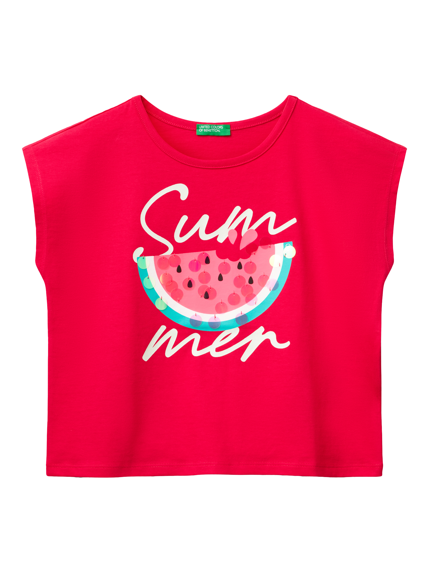 Product image 1 of 3, which shows Benetton Kids' Watermelon Sequin Embroidery Sleeveless T-Shirt, Fuchsia, 6-7 years