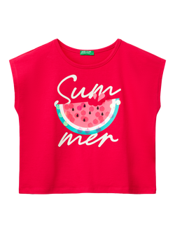 Benetton Kids' Watermelon Sequin Embroidery Sleeveless T-Shirt, Fuchsia, Fuchsia