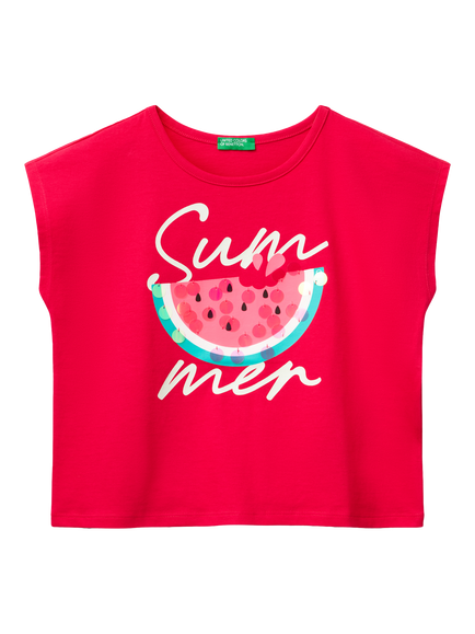 Benetton Kids' Watermelon Sequin Embroidery Sleeveless T-Shirt, Fuchsia, Fuchsia