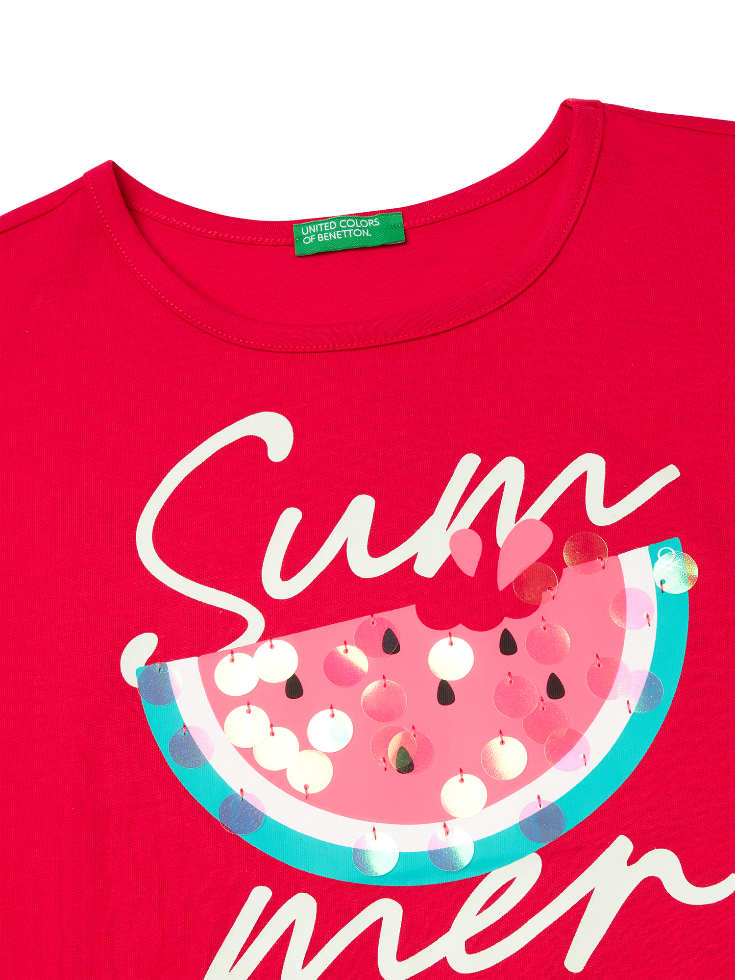 Product image 3 of 3, which shows Benetton Kids' Watermelon Sequin Embroidery Sleeveless T-Shirt, Fuchsia, 6-7 years
