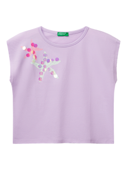 Benetton Kids' Starfish Sequin Embroidered Sleeveless T-Shirt, Lilac