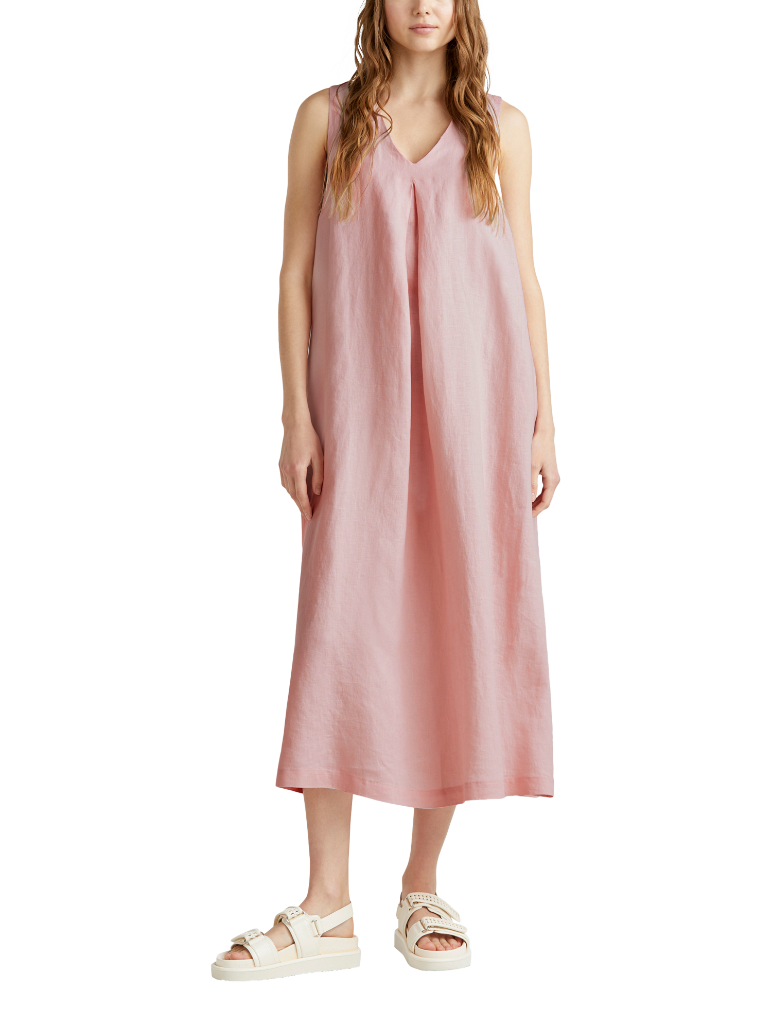 Product image 1 of 5, which shows Benetton Linen Sleeveless Midi Dress, Mid Pink, L