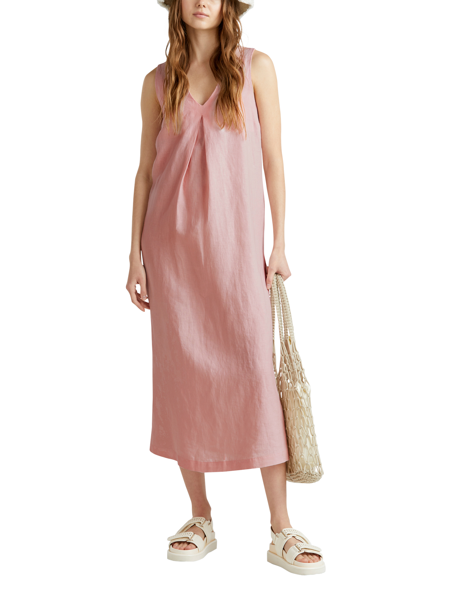 Product image 3 of 5, which shows Benetton Linen Sleeveless Midi Dress, Mid Pink, L
