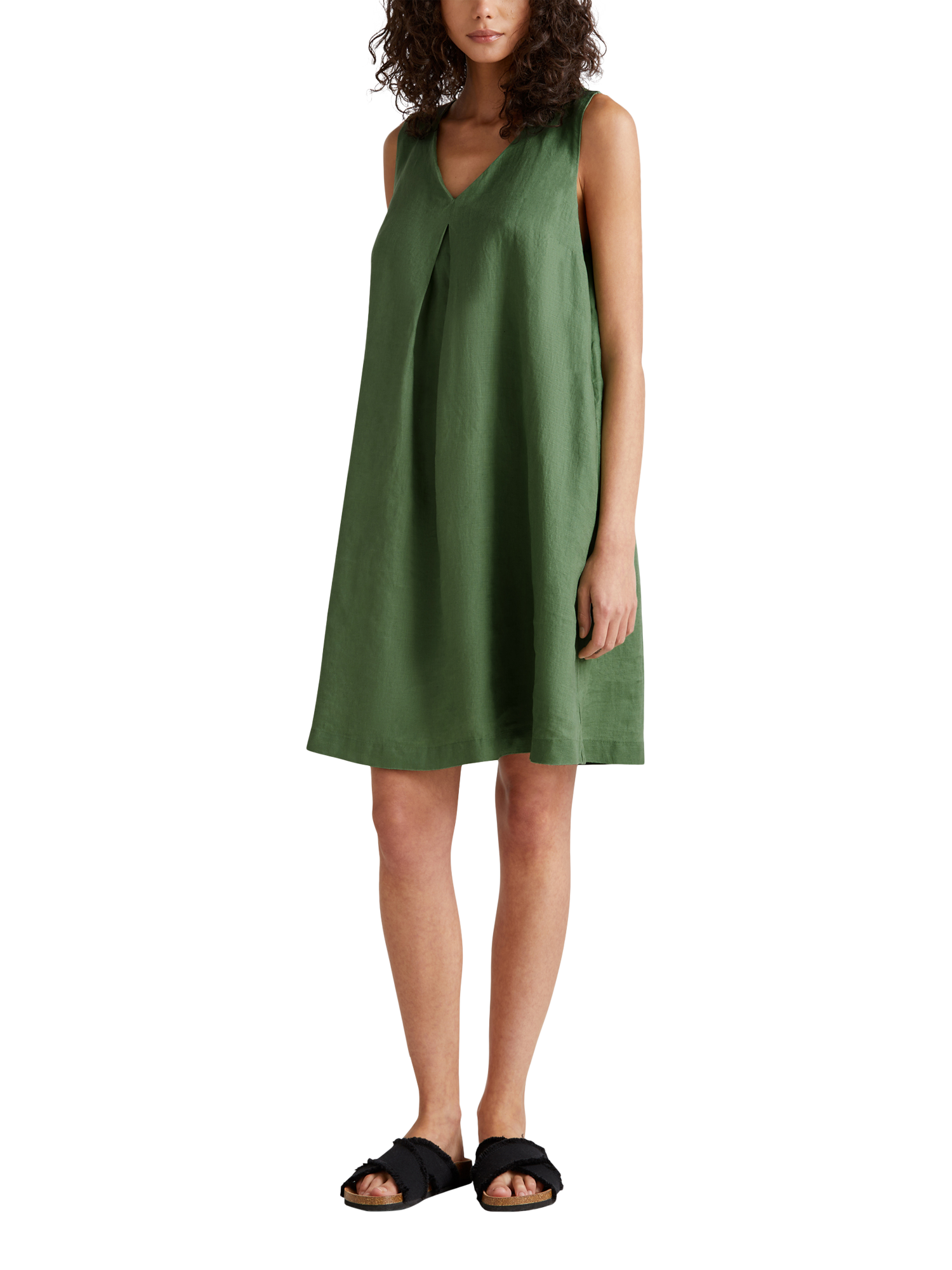 Product image 1 of 5, which shows Benetton Sleeveless Pure Linen Dress, Forest Green, XS