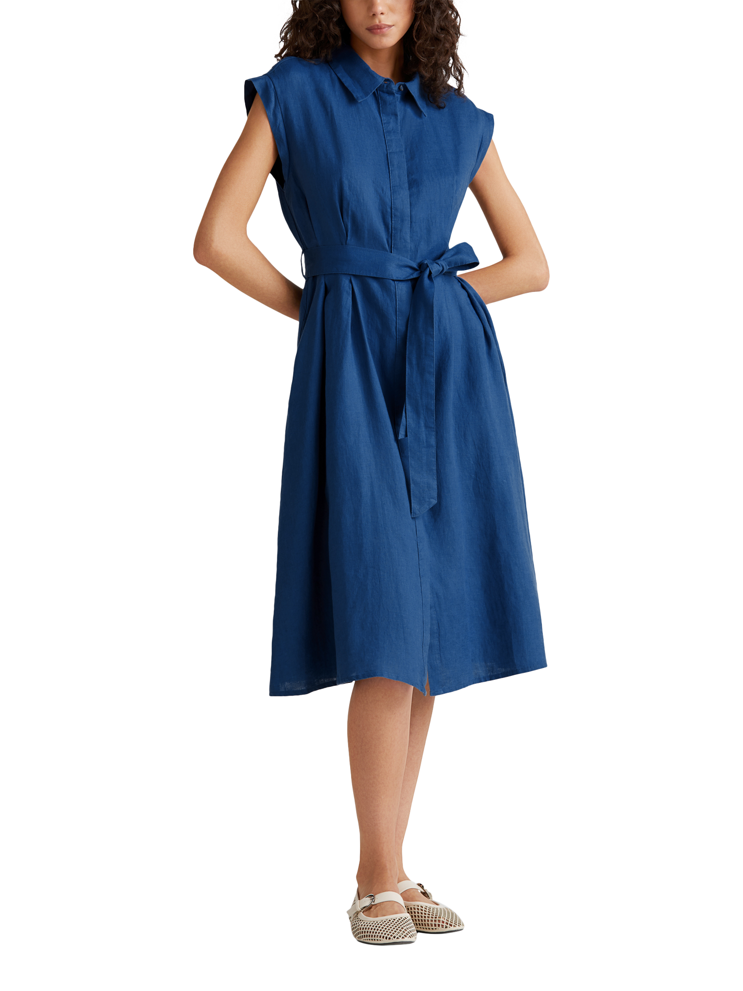 Benetton Belted Sleeveless Shirt Pure Linen Midi Dress, Air Force Blue