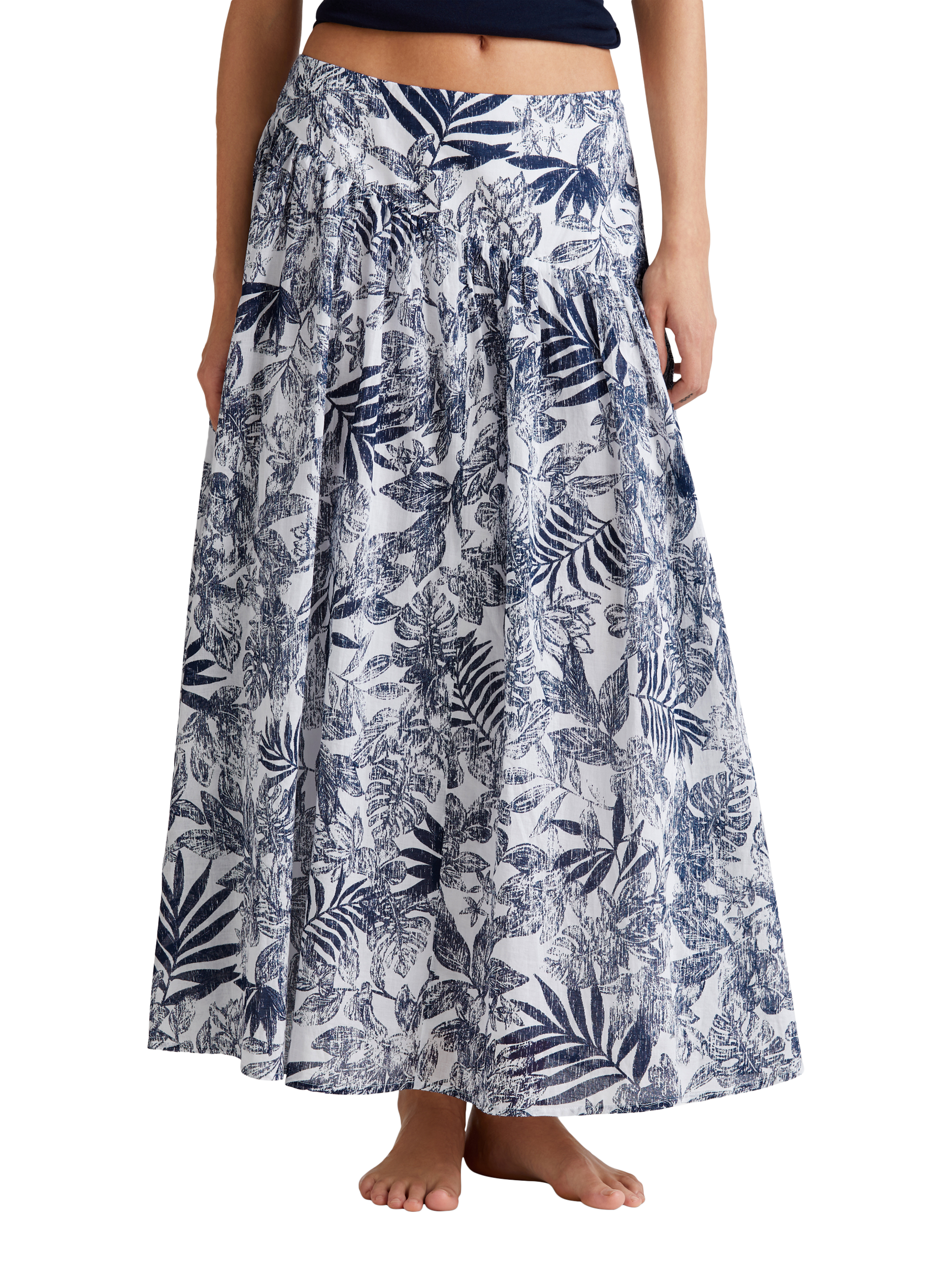 Benetton Leaves Basque Waist Midi Skirt, Blue/Multi