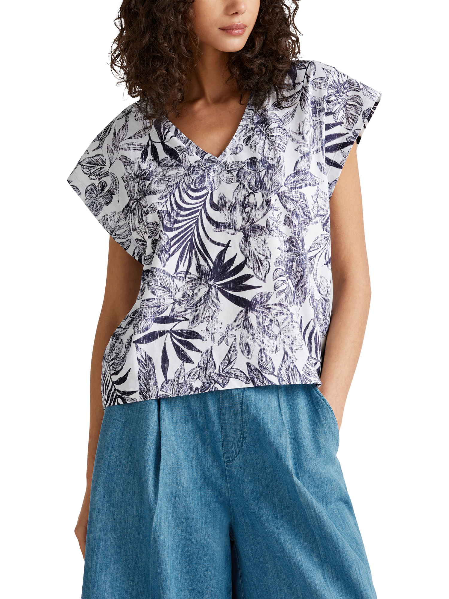 Product image 1 of 4, which shows Benetton Leaves V-Neck T-Shirt, Blue, XL