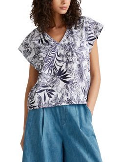 Benetton Leaves V-Neck T-Shirt, Blue, Blue