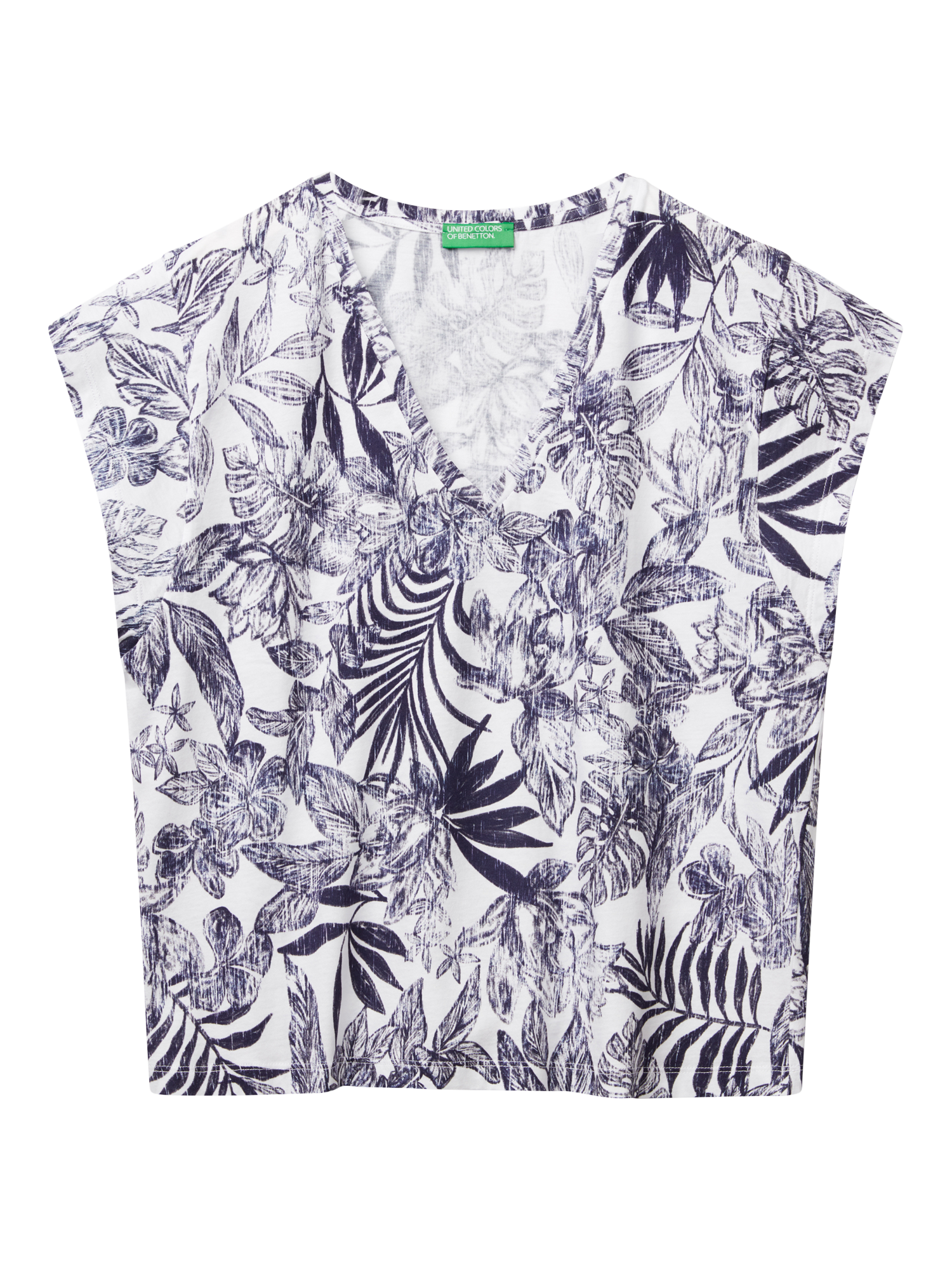 Product image 3 of 4, which shows Benetton Leaves V-Neck T-Shirt, Blue, XL