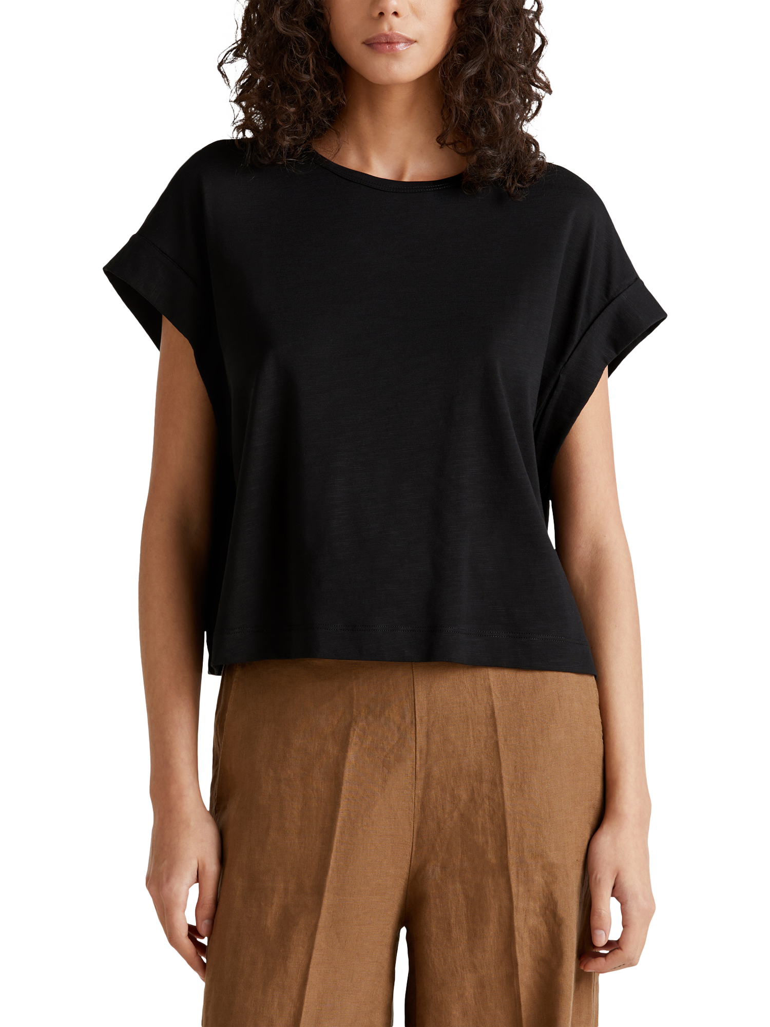 Product image 1 of 4, which shows Benetton Cotton Blend Loose Fit Cap Sleeve Slub Jersey T-Shirt, Black, XS