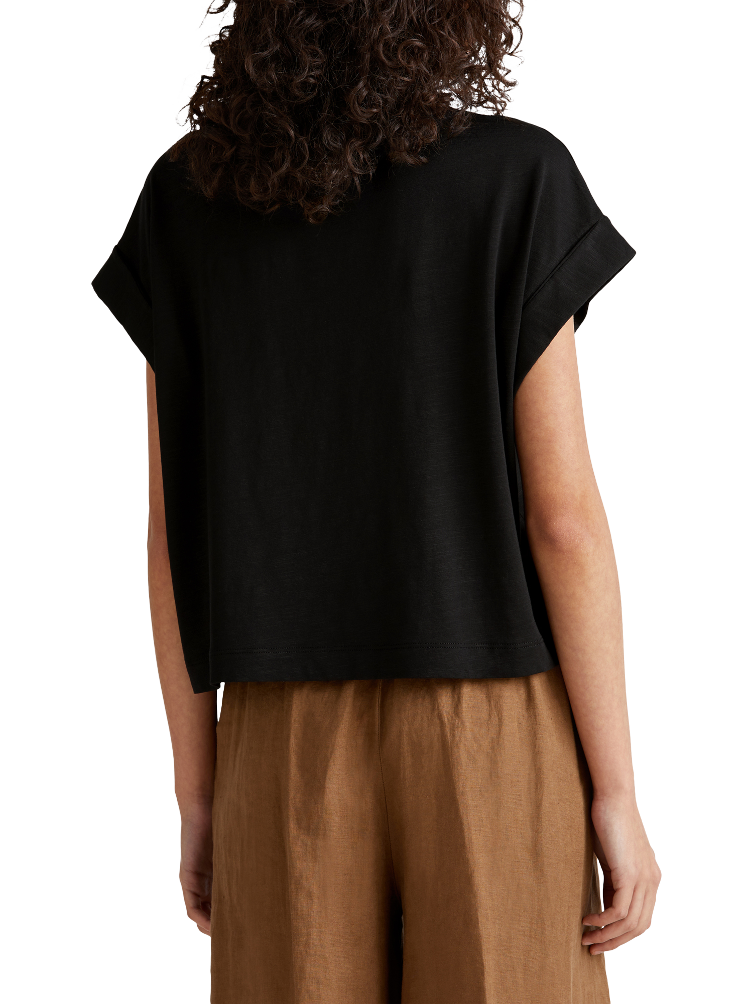Product image 2 of 4, which shows Benetton Cotton Blend Loose Fit Cap Sleeve Slub Jersey T-Shirt, Black, XS