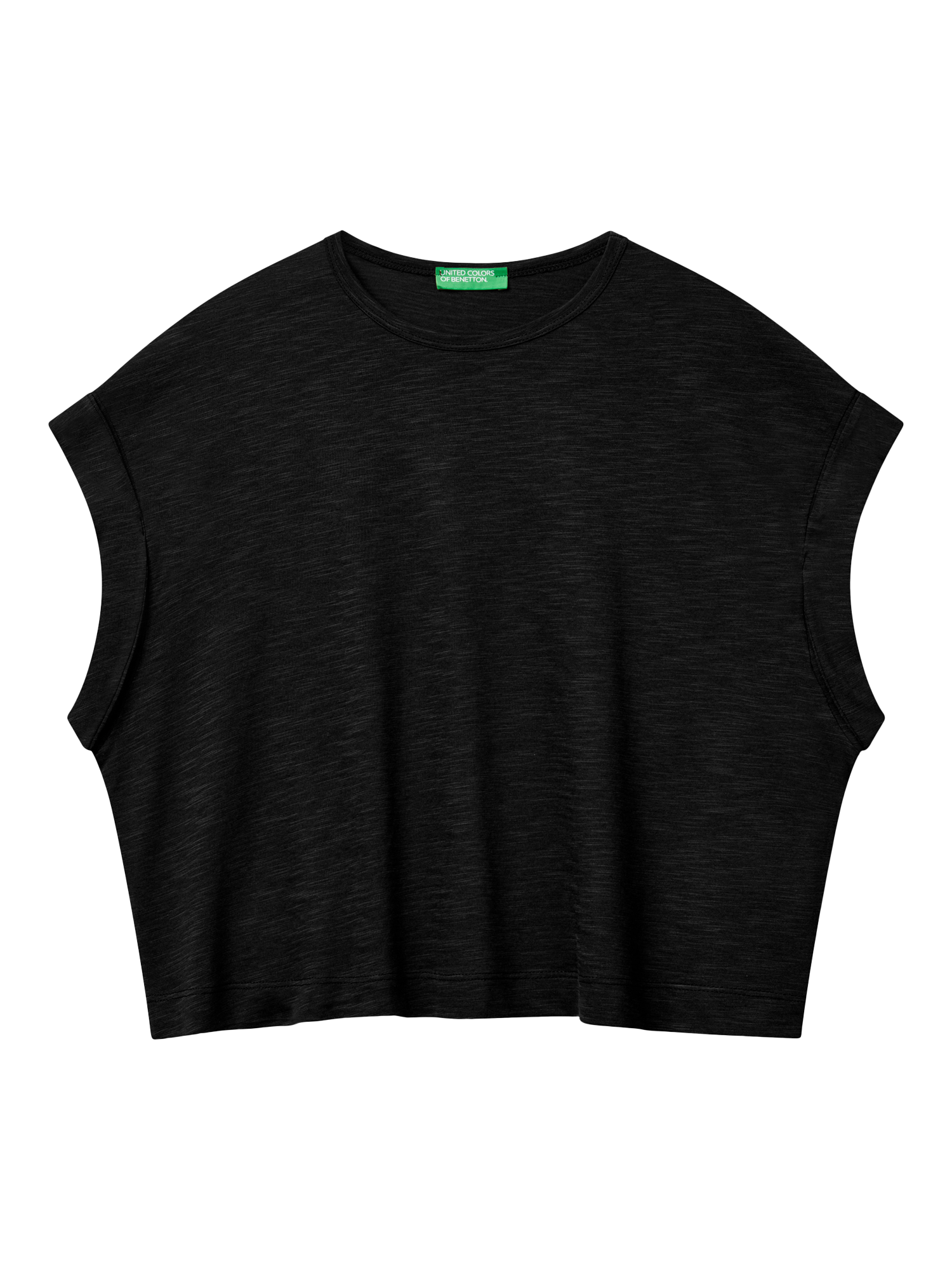 Product image 3 of 4, which shows Benetton Cotton Blend Loose Fit Cap Sleeve Slub Jersey T-Shirt, Black, XS
