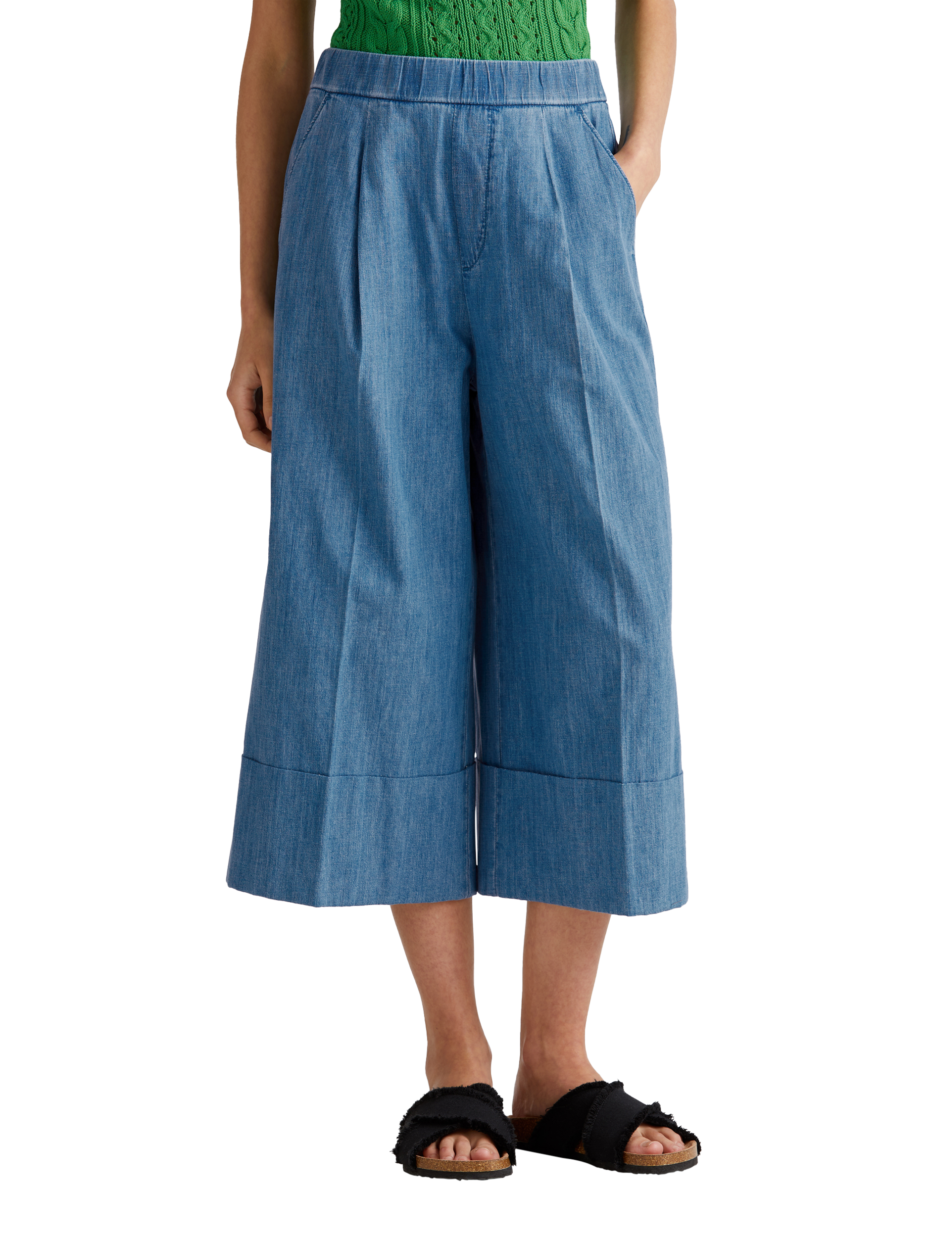 Benetton Pleated Cropped Denim Trousers, Mid Blue