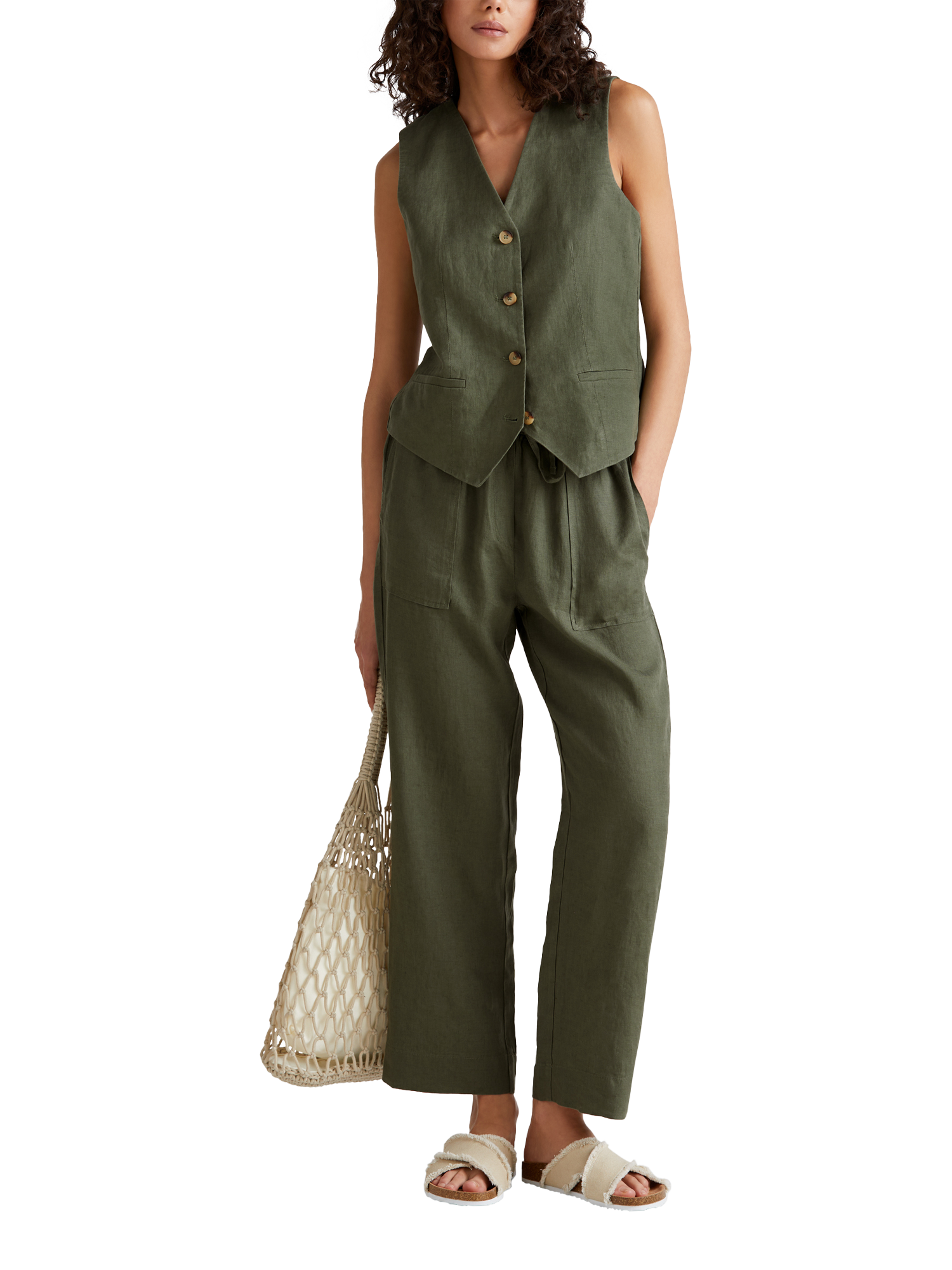Product image 3 of 5, which shows Benetton Linen Waistcoat, Mid Green, 8