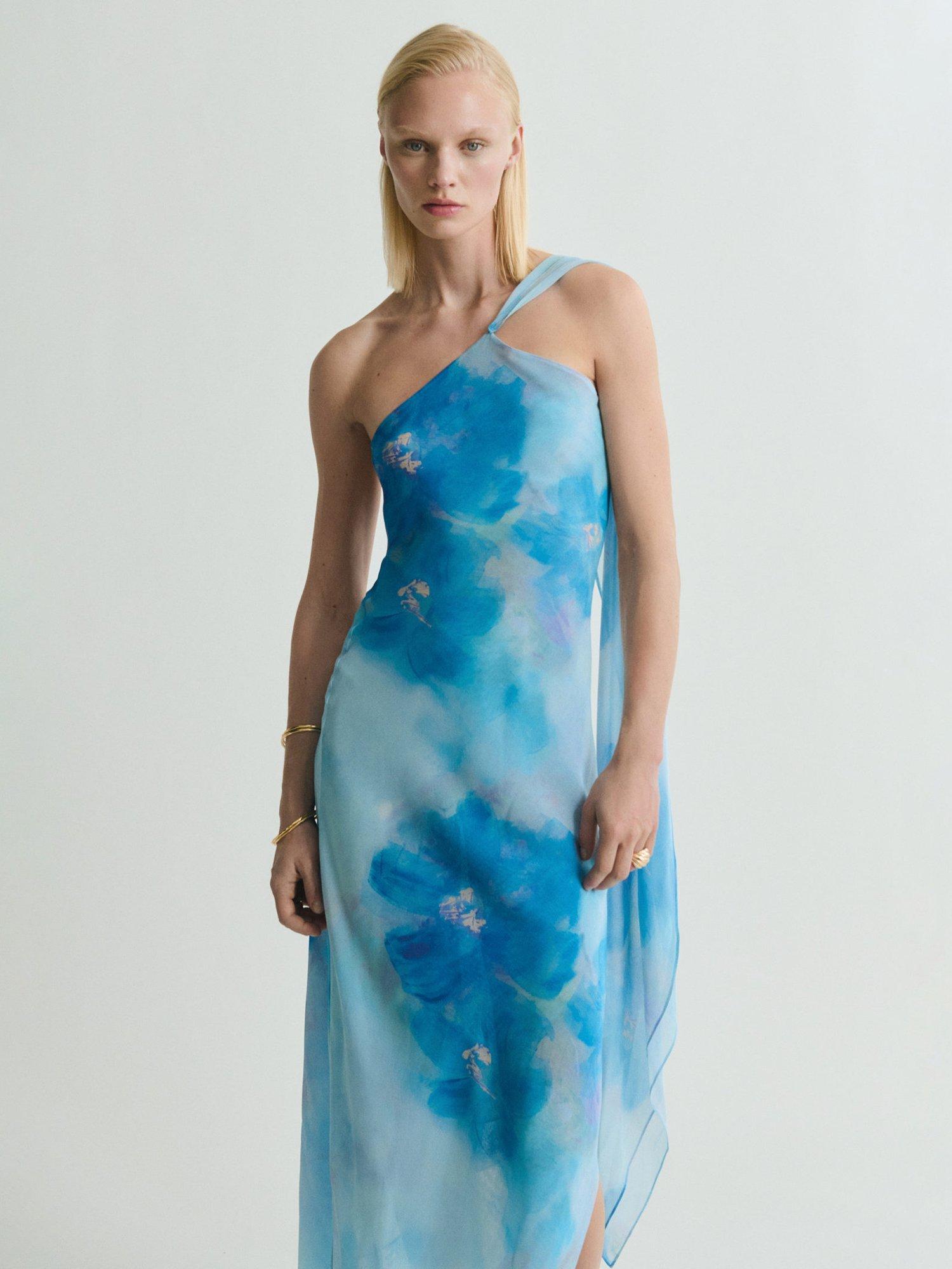 Product image 1 of 8, which shows Mango Cielo Asymmetric Floral Dress, Medium Blue, 10
