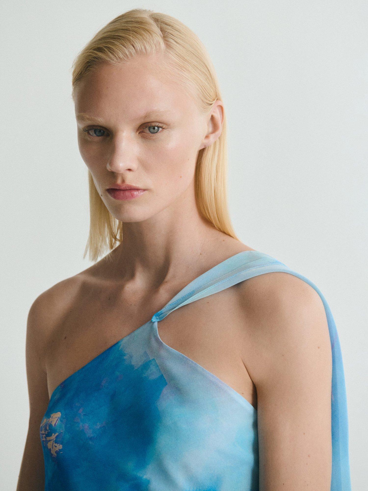 Product image 6 of 8, which shows Mango Cielo Asymmetric Floral Dress, Medium Blue, 10