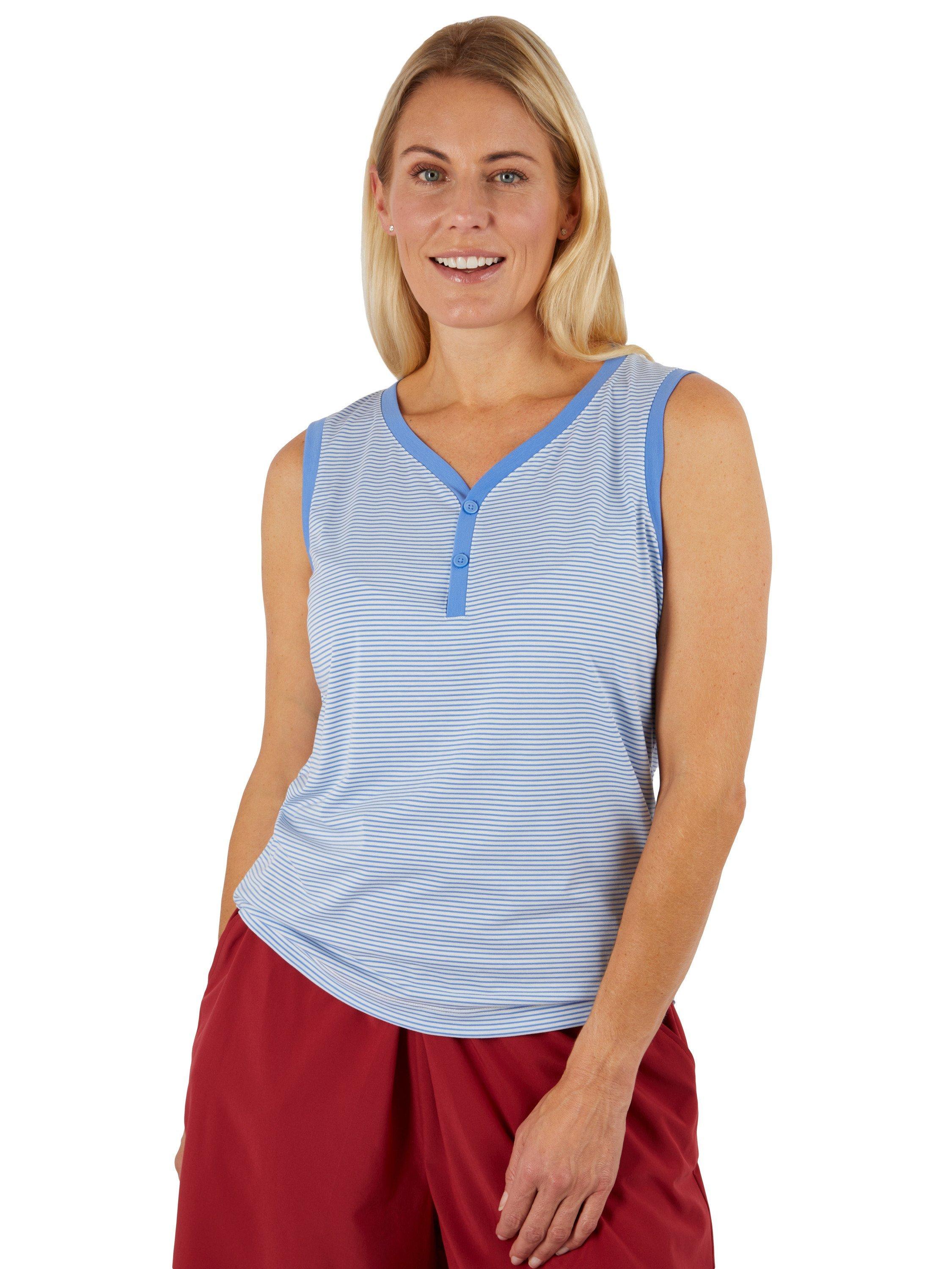 Product image 1 of 6, which shows Rohan Seashore Button Neck Striped Vest, Sorrento Blue, XS