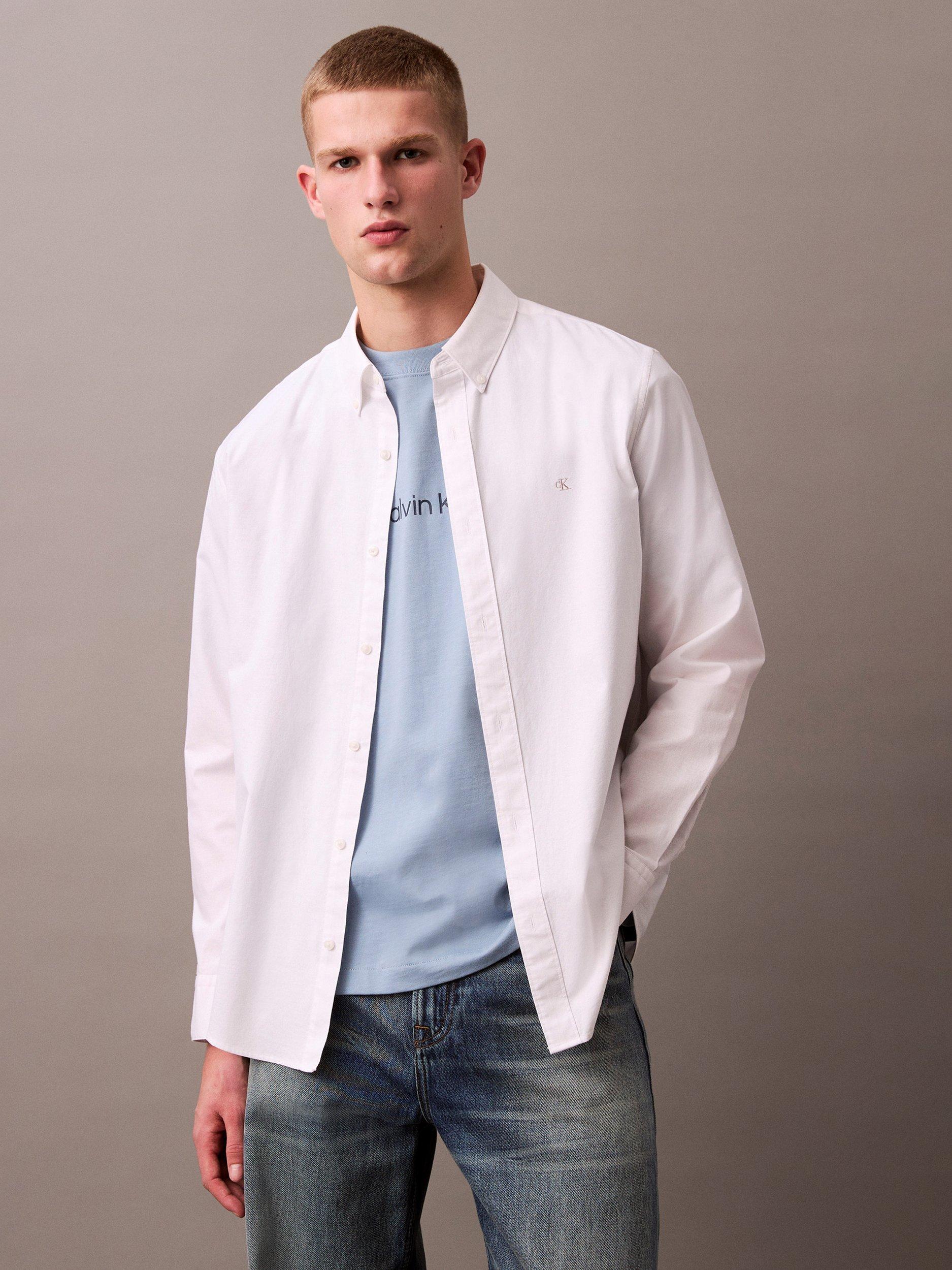 Product image 1 of 5, which shows Calvin Klein Cotton Blend Classic Oxford Long Sleeve Shirt, Brilliant White, L